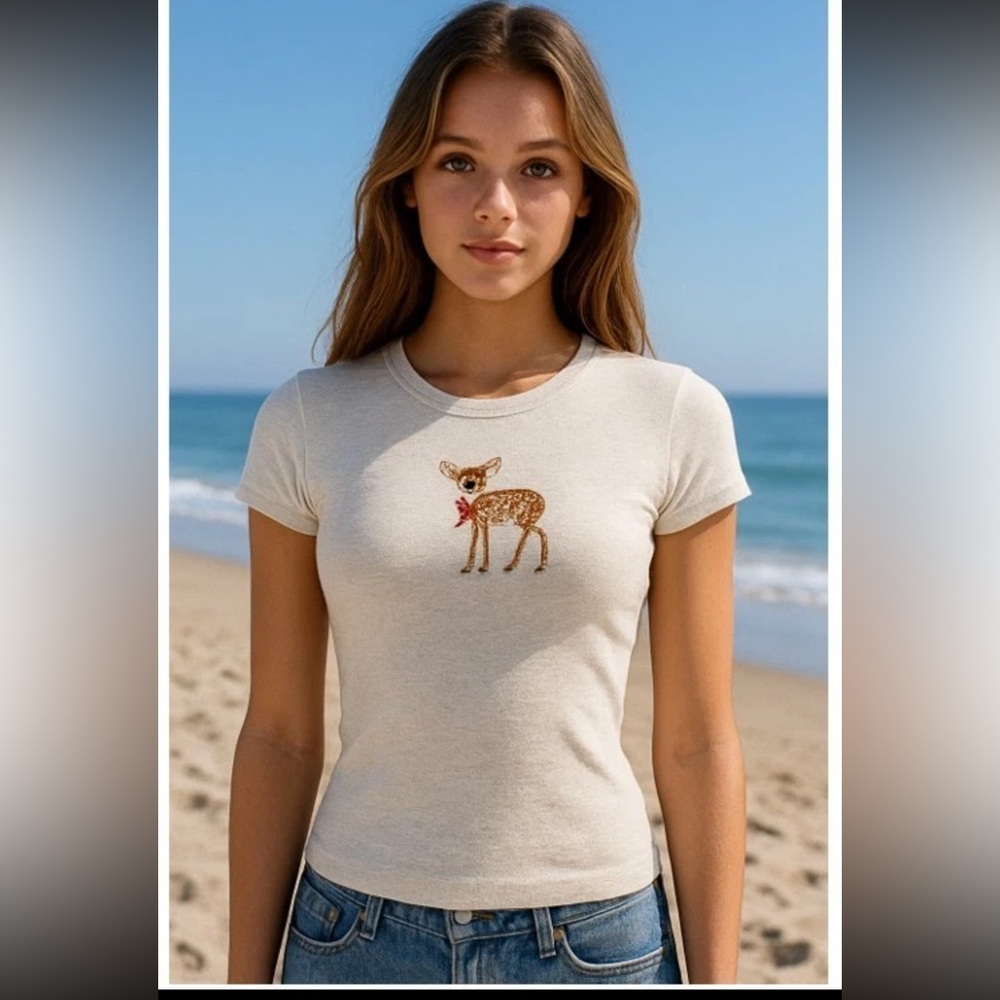 Wild Fable Big Girl Women’s Cream Short Sleeve T Shirt Crop Top Deer XS & M - Picture 2 of 10